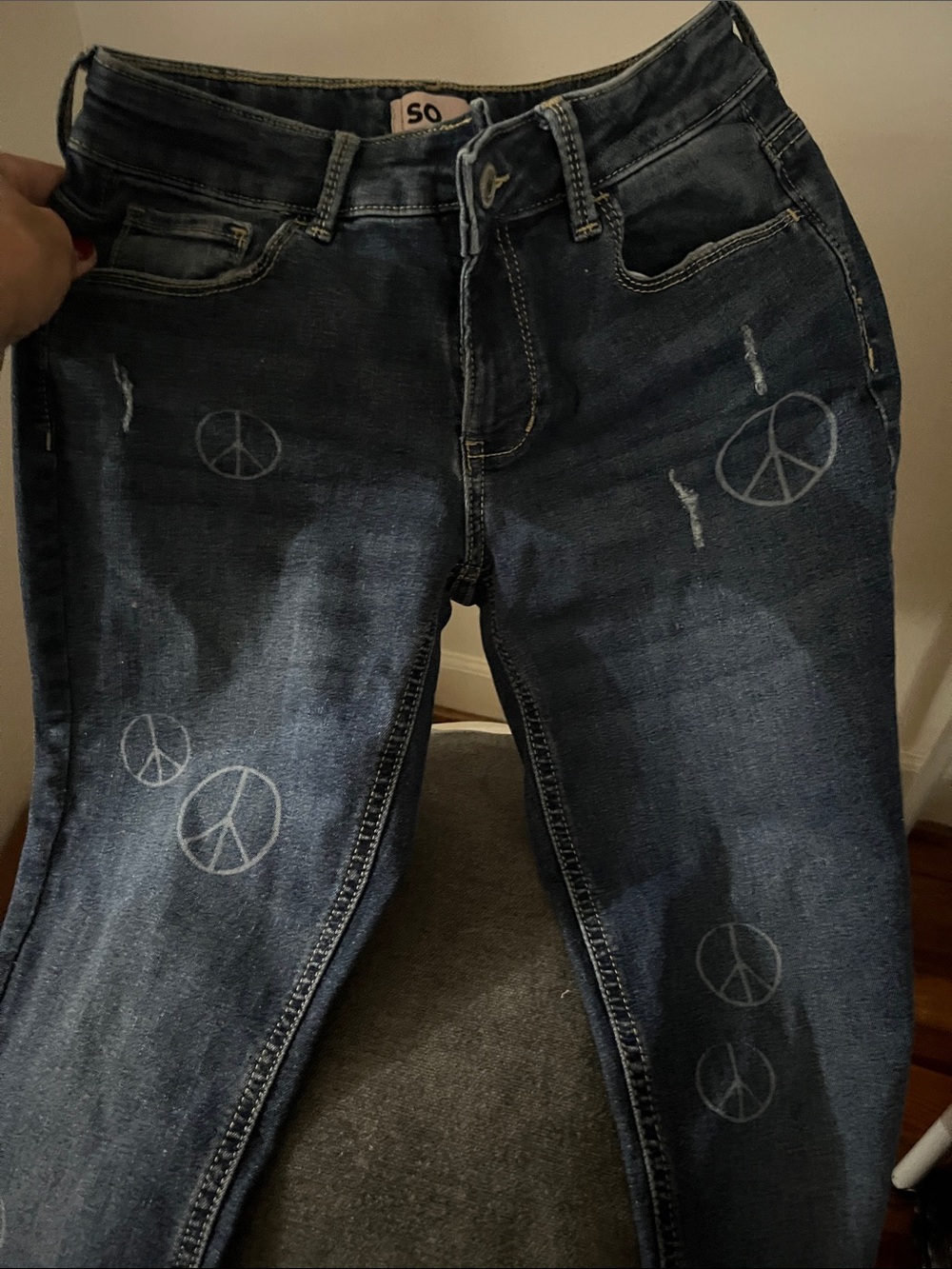 SO Dark Blue Skinny Jeans with Peace Sign Accents